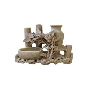 Antique Chinese Earth-Toned Soapstone Carved Urn Bud Vase Flowers